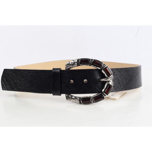 Black Leather Wide Waist Belt Size 95 Jeweled Buckle Statement Dress Belt main image 6